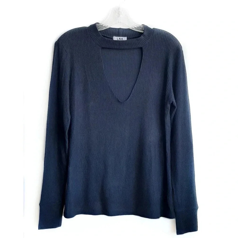 LNA Bardot Chocker Neck Black LS Tee Size S